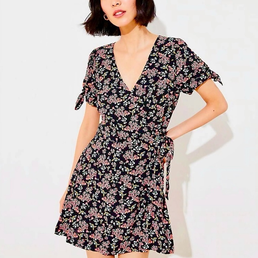 LOFT Black Mini Wrap Dress Romper Pink Floral Print
